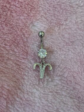 Silver Crystal Aries Dangle Navel Ring - Silver